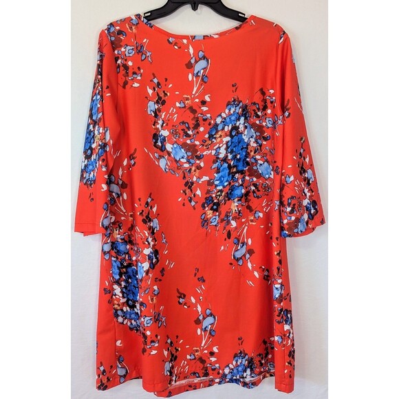 Abstract Print Shift Dress M Red Blue V Neck Button Front 3/4 Sleeve - Picture 2 of 6